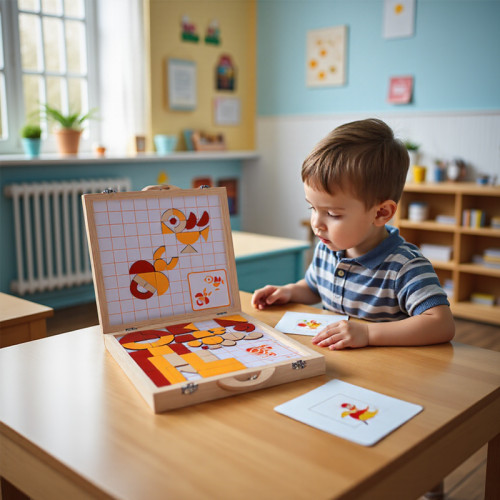 Magnetic Board Puzzle for Kids, Wooden Storage Case, Educational Geometry Game, Portable Travel Toy, Customizable for Brands