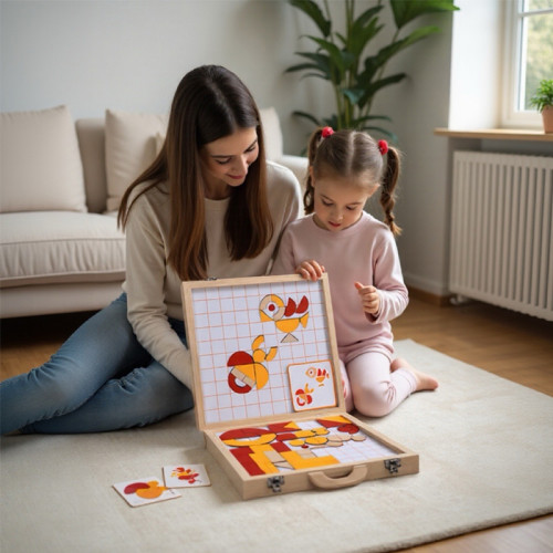 Magnetic Board Puzzle for Kids, Wooden Storage Case, Educational Geometry Game, Portable Travel Toy, Customizable for Brands