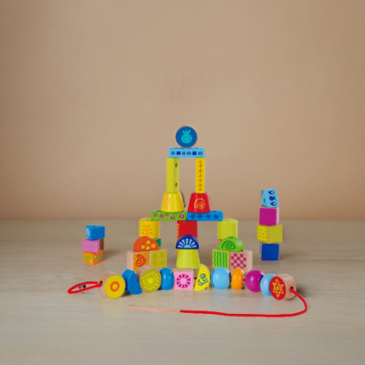 Wood Lacing Beads Building Set, Creative Kit, Lacing Beads Skill Tower, Wood Lacing Beads