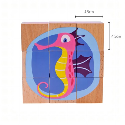 Ocean Wooden Block Cube Puzzle | Assembles Diverse Sea Creatures | Natural Wood Eco-Friendly Paint Interlocking Fit | Children' s Education & Play Centers | B2B Customization