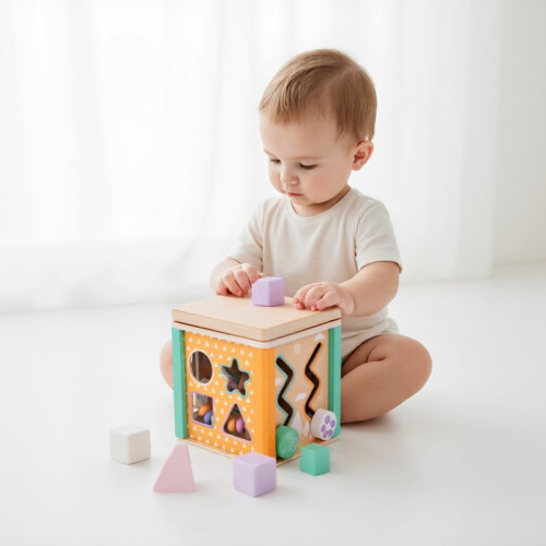 Wooden Shape Sorting Cube | Educational Toy | Natural Wood, 16.5x15x15cm | Toddler Play | Custom