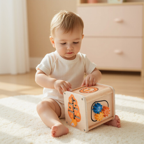 Wooden Activity Cube | Educational Toy | Wood, Gears/Clock/Sliders | Toddler Learning | Customizable