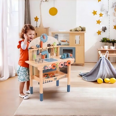 Kids' Wooden Workbench | Interactive Play | Wood, Gears & Tools | Skill Building & Fun | Custom