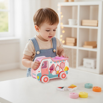 Wooden Ice Cream Truck Shape Sorter | Educational Toy | Wood Matching | Toddler Learning Play | OEM