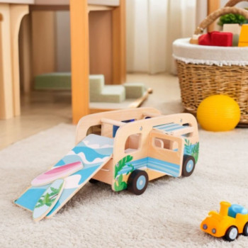 Wooden Beach Camper Van | Toy | Wood, Opening Ramp & Surfboards | Toddler Imaginative Play | OEM