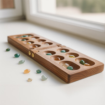 Folding Wooden Mancala Game | Portable Strategy Toy | Wood & Gemstones, Folding Board | OEM
