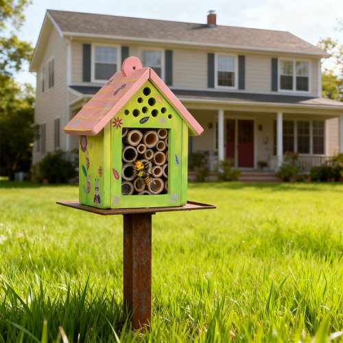 Forestoy Wooden Bee House | Colorful Insect Hotel | Wood, Bamboo | Kids Nature Garden Decor | OEM