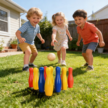 Forestoy Wooden Rainbow Bowling Set | Vibrant & Durable | Wood, 20cm Pins, Bowling | Customizable