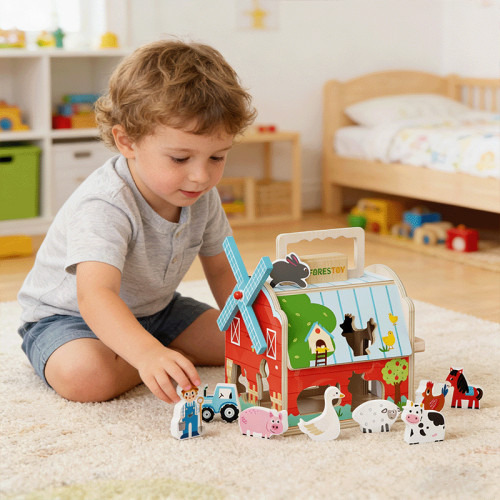 Forestoy Portable Farm Barn Playset | Sorting & Imaginative | Wood Role Play Matching | Customizable