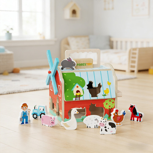 Forestoy Portable Farm Barn Playset | Sorting & Imaginative | Wood Role Play Matching | Customizable