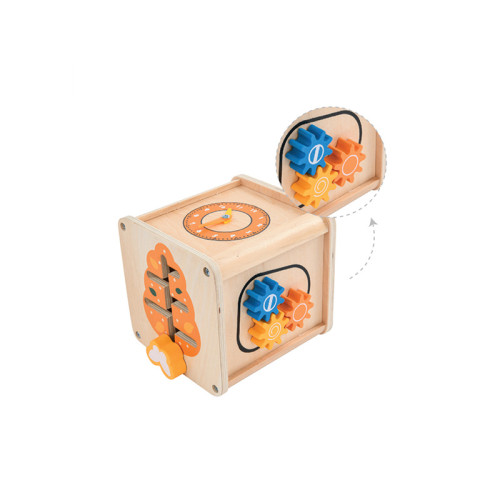 Wooden Activity Cube | Educational Toy | Wood, Gears/Clock/Sliders | Toddler Learning | Customizable