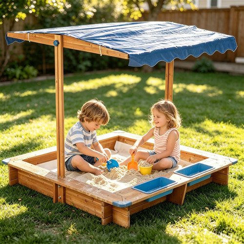 Kid's Wooden Sandbox with Cover Outdoor Wooden Sandpit