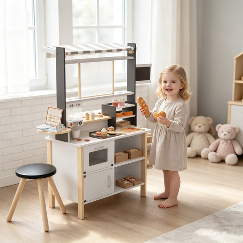 Forestoy 2 in 1 Kids Play Kitchen and Restaurant Cafe Wooden Pretend Cooking Toy