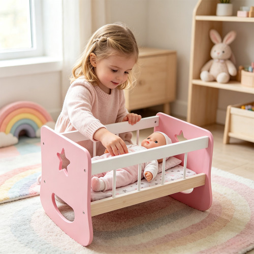 Forestoy Doll Furniture Baby Doll Cradle Wooden Furniture & Accessories for 18 inch Doll Pink