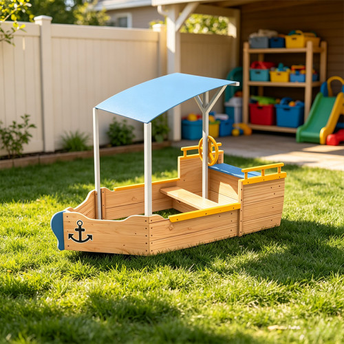 Outdoor Playing Wooden Sandbox For Kids Pirate with Cover Rudder Storage Bench Bottomless