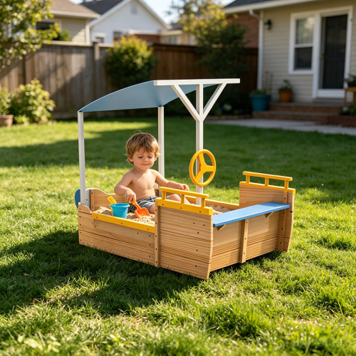 Outdoor Playing Wooden Sandbox For Kids Pirate with Cover Rudder Storage Bench Bottomless