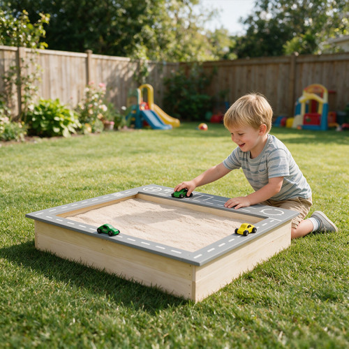 2 in 1 Multifunctional Wooden Sandbox Outdoor Wooden Sandpit with Wooden Car Toys