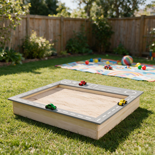 2 in 1 Multifunctional Wooden Sandbox Outdoor Wooden Sandpit with Wooden Car Toys