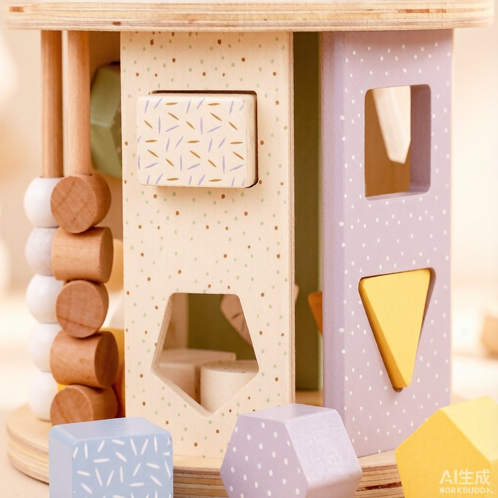 Close-up detail of the 12EDU27 wooden shape sorter showing pastel painted blocks, bead maze wires, and sanded plywood texture
