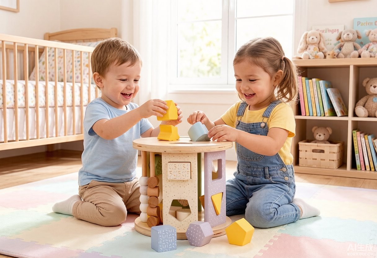 Two toddlers playing together with the wooden shape sorter on a play mat