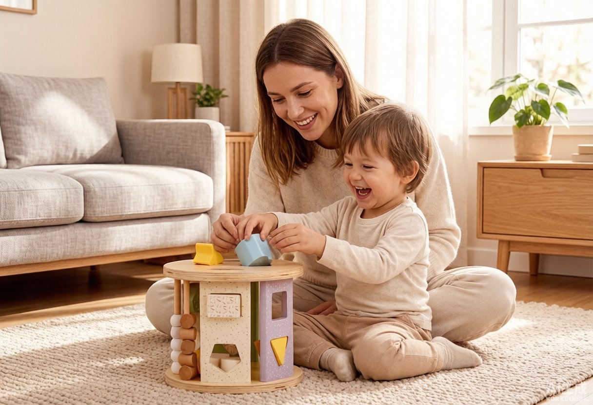 Mother and child playing with the wooden educational toy in living room
