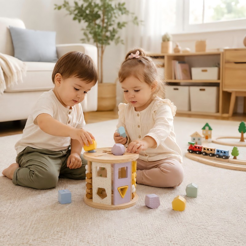 Two toddlers playing together with the wooden shape sorter on a play mat