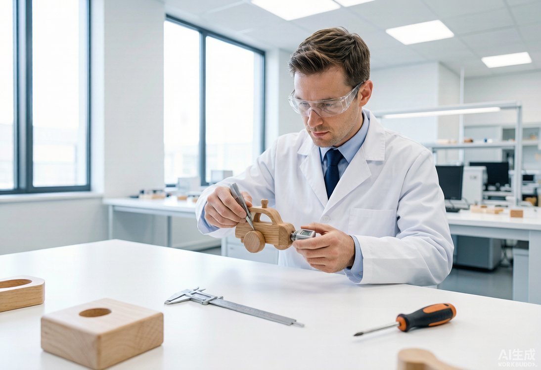 Wooden toy quality control engineer testing toy safety in an in-house laboratory