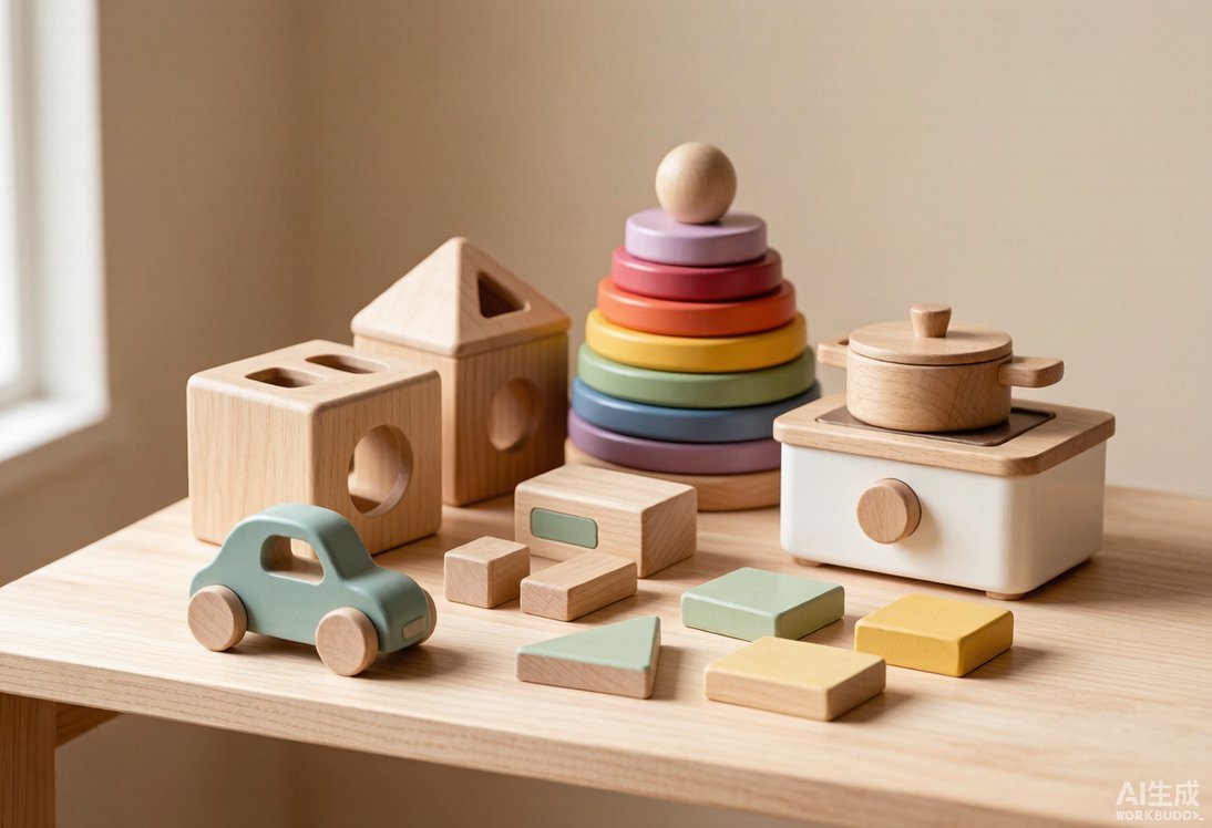 Collection of handcrafted wooden toys including shape sorters and pretend play sets