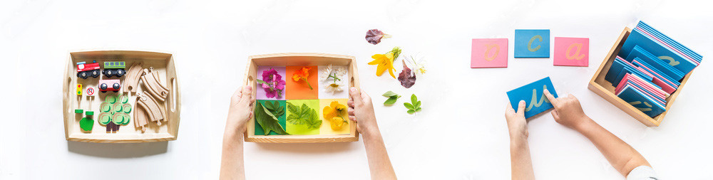 Collection of handcrafted wooden toys including shape sorters and pretend play sets