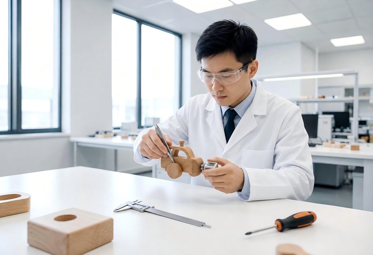 Wooden toy quality control engineer testing toy safety in an in-house laboratory