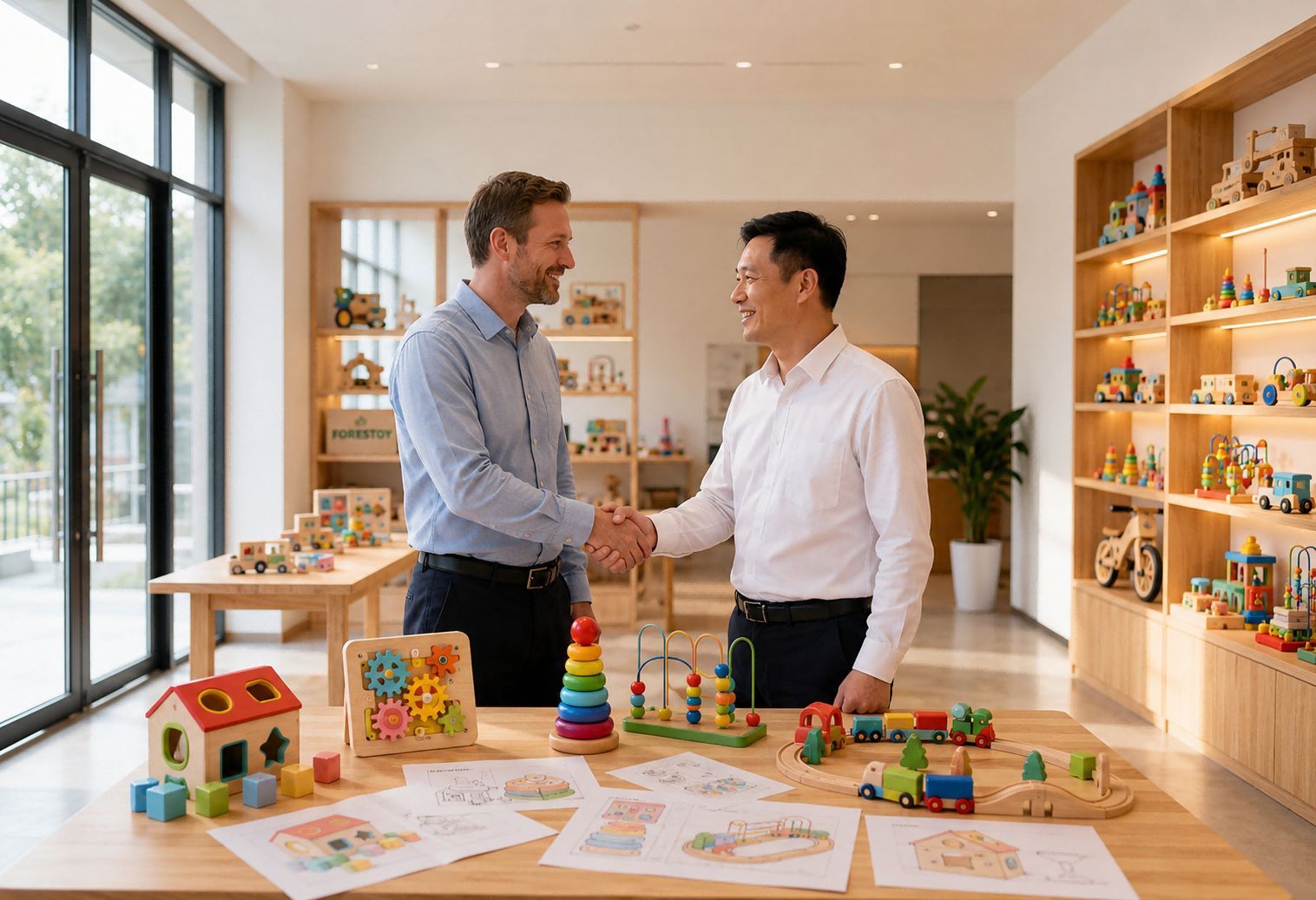 B2B buyer meeting a wooden toy manufacturer in China at the factory showroom