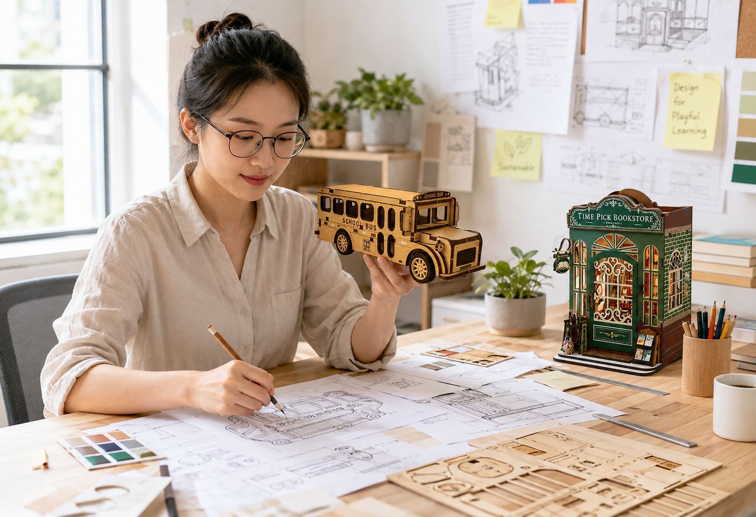 Wooden toy sample development and prototyping at a factory design studio