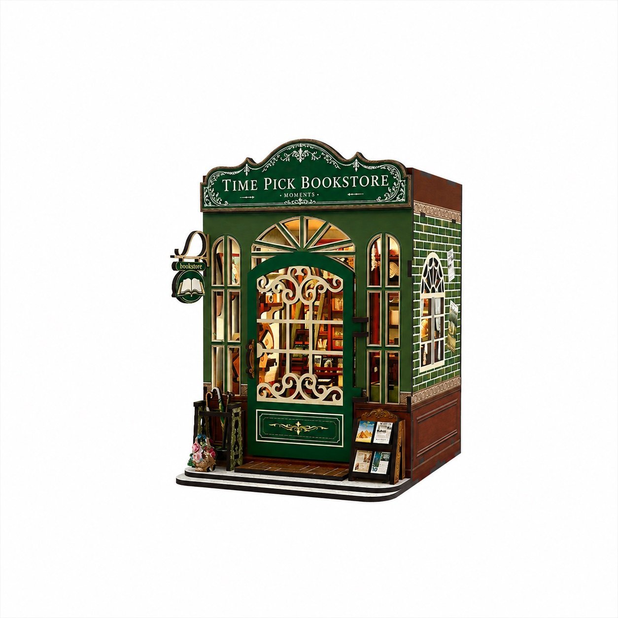 DIY Book Store Kit - front view on white background, showing laser-cut wooden bookstore facade