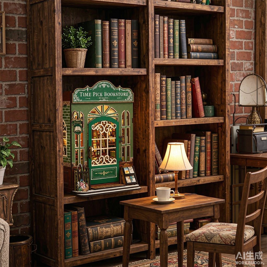 DIY book nook glowing on a rustic bookshelf among vintage books in a cozy home library