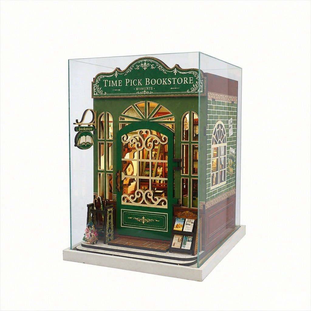 Close-up of the laser-cut fretwork details and warm LED glow inside the wooden book nook