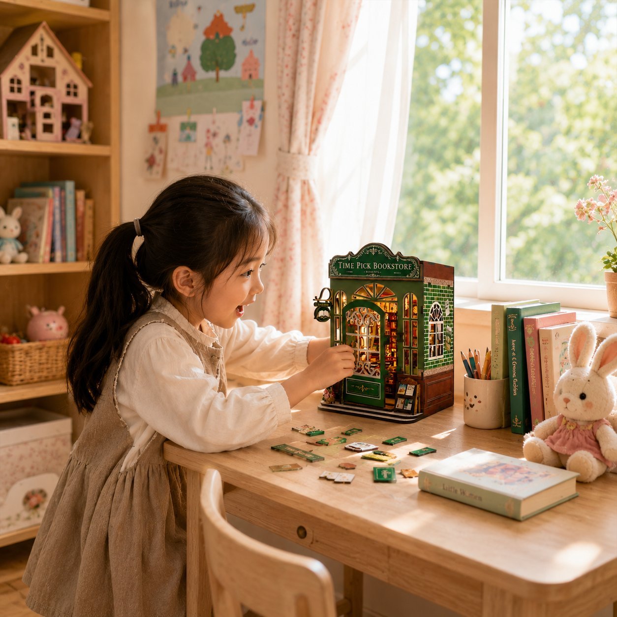 Child assembling the laser-cut wooden book nook kit step by step at a table