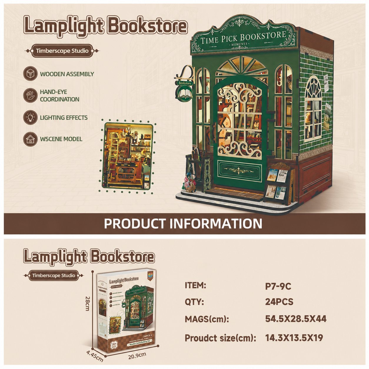 Product info card showing Lamplight Bookstore packaging, specifications and feature icons