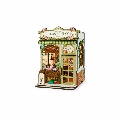 DIY Flower Shop Kit Laser Cut Wood Puzzle Toy with LED Lights, Miniature 3D Wooden Flower Shop Model for Desk & Shelf Decor