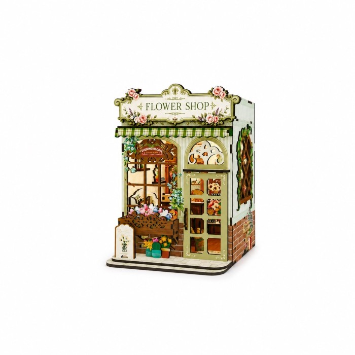 DIY Flower Shop Kit Laser Cut Wood Puzzle Toy with LED Lights, Miniature 3D Wooden Flower Shop Model for Desk & Shelf Decor