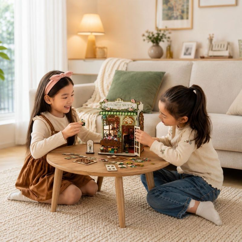 Child assembling a laser cut wooden flower shop puzzle kit