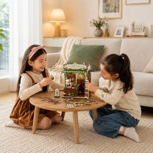 DIY Flower Shop Kit Laser Cut Wood Puzzle Toy with LED Lights, Miniature 3D Wooden Flower Shop Model for Desk & Shelf Decor
