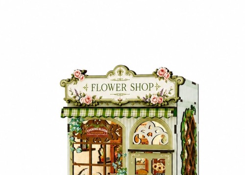 DIY Flower Shop Kit Laser Cut Wood Puzzle Toy with LED Lights, Miniature 3D Wooden Flower Shop Model for Desk & Shelf Decor