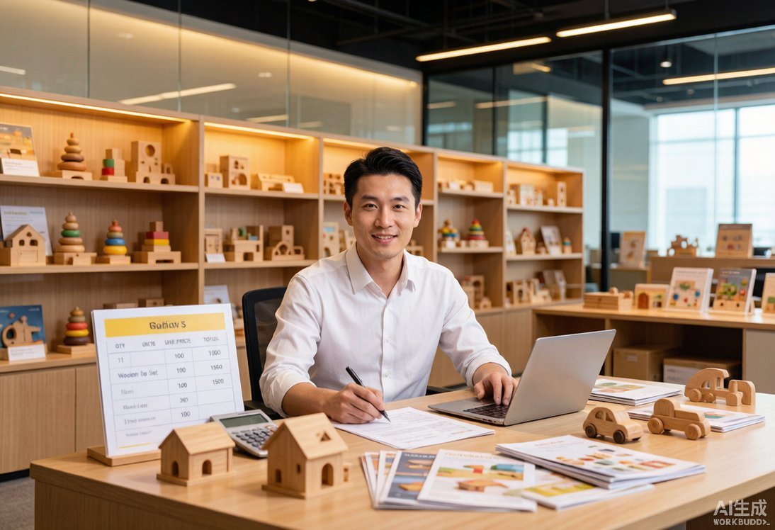 China wooden toy trading company showroom with sample shelves and sales desk
