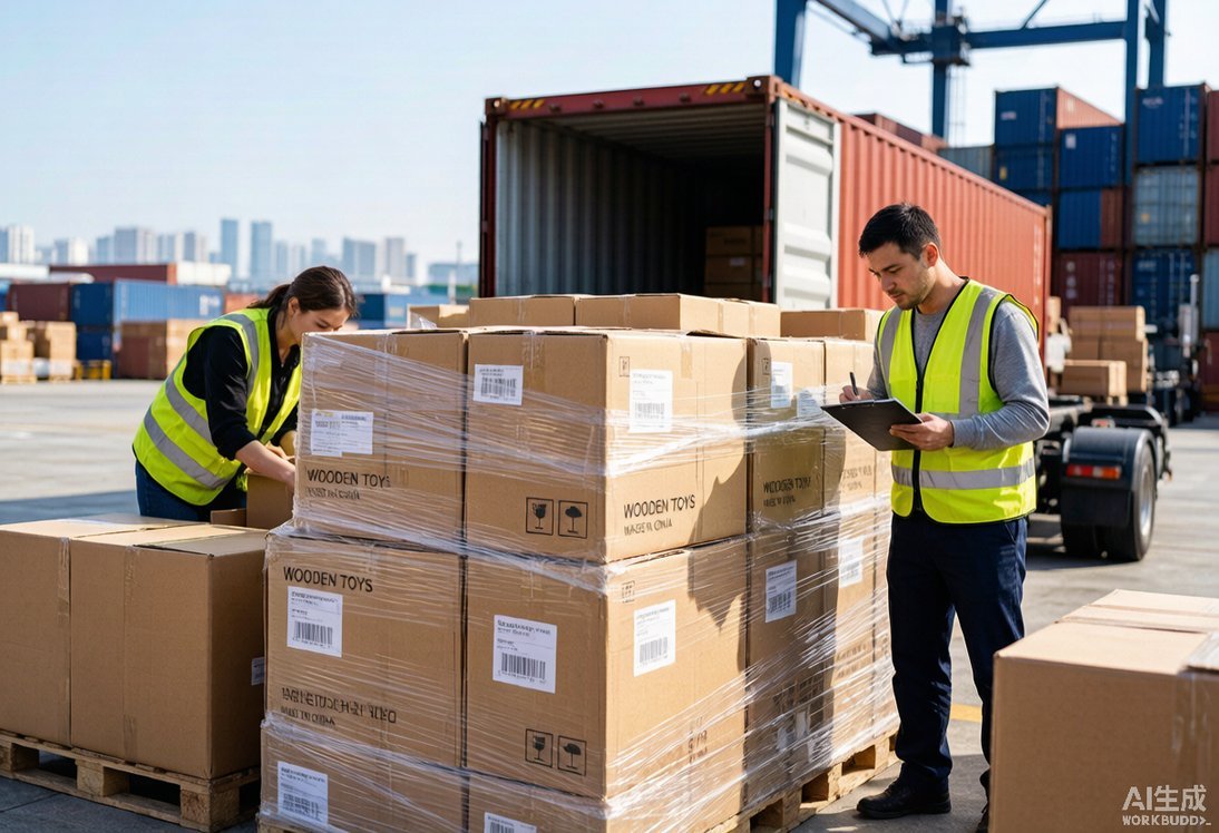 Wooden toy export cartons stacked on pallets ready for container shipment