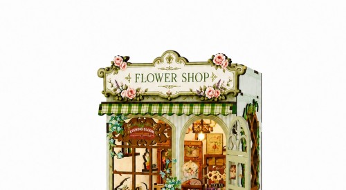 DIY Flower Shop Kit Laser Cut Wood Puzzle Toy with LED Lights, Miniature 3D Wooden Flower Shop Model for Desk & Shelf Decor