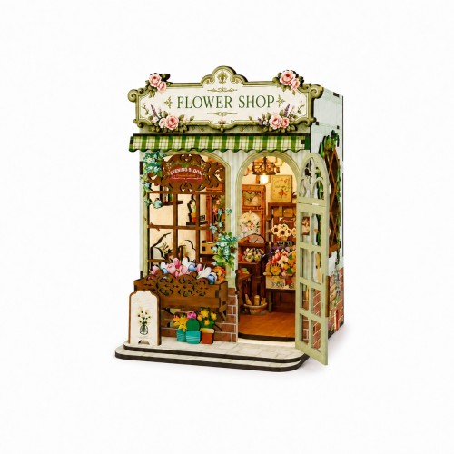 DIY Flower Shop Kit Laser Cut Wood Puzzle Toy with LED Lights, Miniature 3D Wooden Flower Shop Model for Desk & Shelf Decor