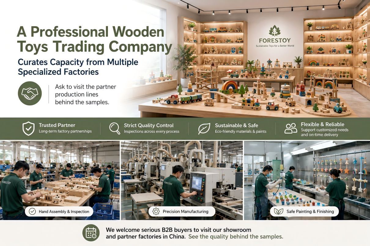 China wooden toy trading company showroom with sample shelves and sales desk