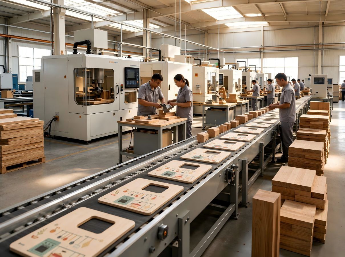 Modern wooden toy factory production line in China with CNC machines and assembly stations