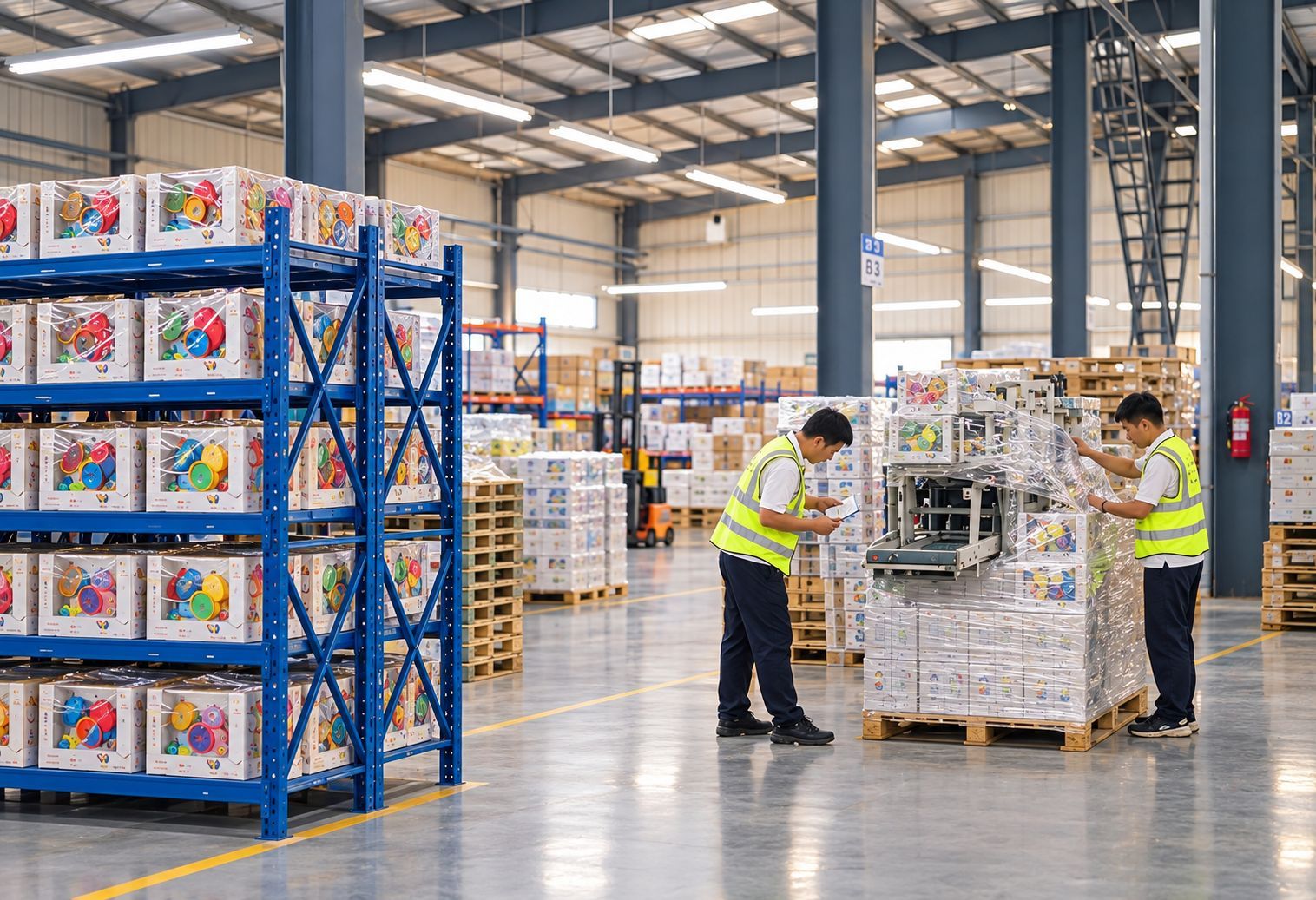 Stacked pallets of wholesale wooden toys ready for export