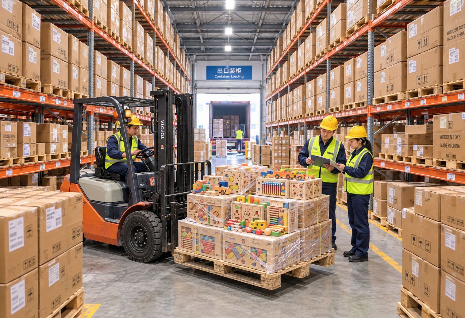 Wholesale wooden toys loaded in container for export